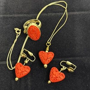 Sajen Carved Cinnabar Sterling Silver Set w Necklace Earrings and Ring 925 VTG